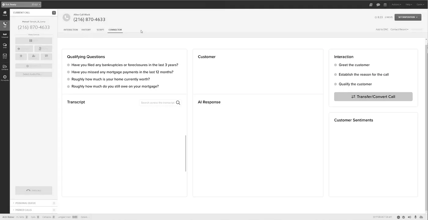 Mid-call wireframe: the stepped call checklist on the left, the live transcript centre, and AI-suggested responses surfaced in context.