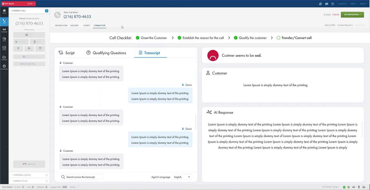 Console screen showing suggested rebuttals and a customer sentiment indicator beside the live transcript.