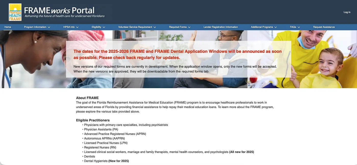 The original Florida Health FRAME website: dense blocks of policy text with no clear eligibility entry point.