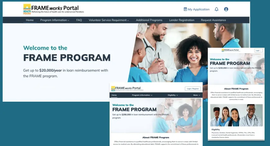 The FRAME portal shown at desktop, tablet and mobile widths with consistent navigation and layout.