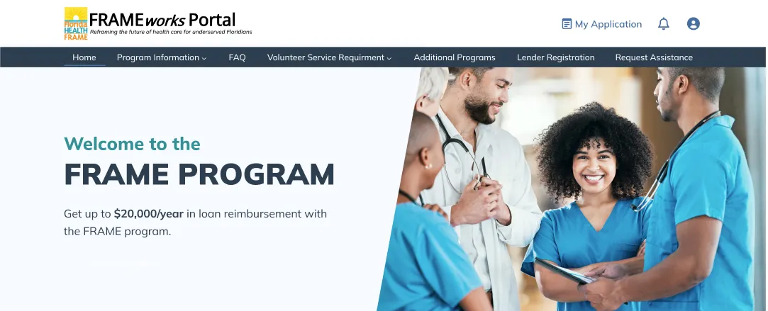 The redesigned Florida Health FRAME portal with eligibility and application paths at the top level.