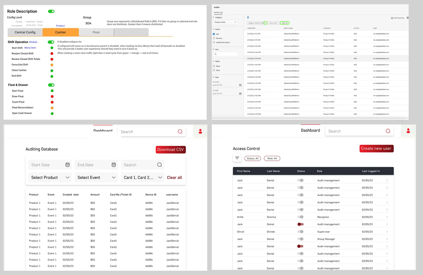 Early low-fidelity wireframe concepts for the venue role management system.