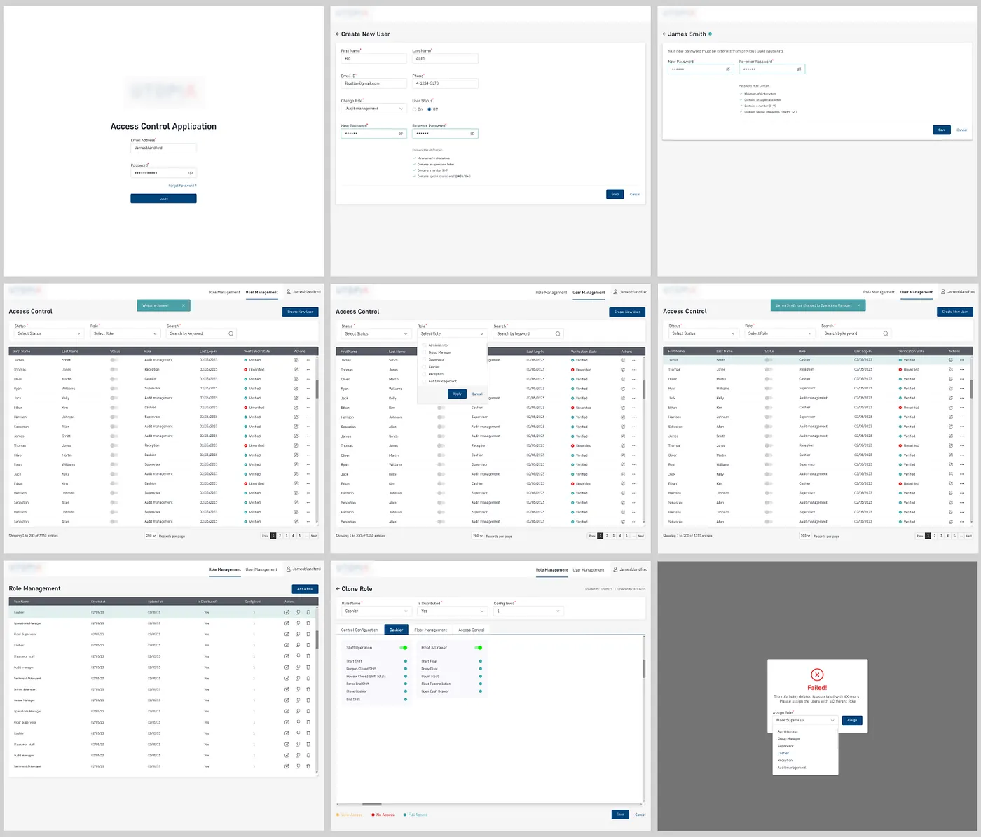 High-fidelity mockup of the venue user management system showing role creation and role-based access control.